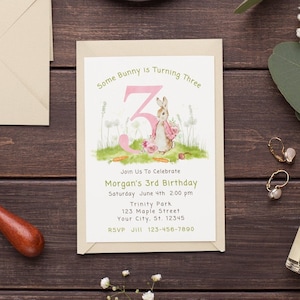 Peter Rabbit Third Birthday Invitation Template Editable Invitation Pink Rustic Bunny 3rd Birthday Girl  Printable Instant Download Invite