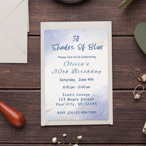 Editable Shades of Blue Invitation Blue and Gold Birthday Dinner Bridal Brunch Wedding Invitation Bridal Shower Printable Digital Invite