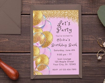 Editable Birthday Invitation Template Pink Invitation Let's Party Pink Balloons Invite Pink Party Pink and Gold Invitation Printable Evite