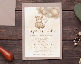 Editable Gender Reveal Invitation Template Teddy Bear Balloon Gender Neutral Beige Cream Baby Shower Sprinkle Gender Reveal Invite Download