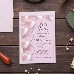 21st Birthday Invitation Template Pink Balloons Invitation Pink Party Editable Birthday Invite all pink Printable Digital Download Evite