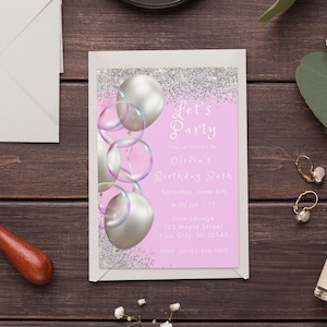 Modèle modifiable d'invitation d'anniversaire Invitation rose Let's Party Ballons roses Inviter Invitation fête rose et argent Imprimable Evite