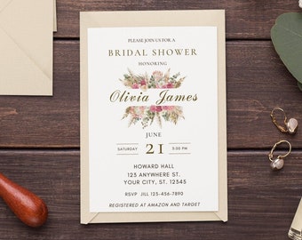 Editable Bridal Shower Invitation Template Pink Rose Floral Bridal Shower Invite boho bridal shower invitation Instant Download Digital