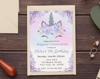 Unicorn Birthday Invitation Template Pastel Magical Day Birthday Invitation Girl 7th Birthday Invitation Glitter Pastel Unicorn Invite Girl