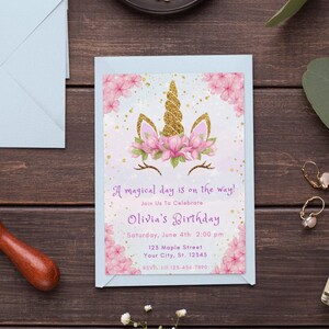 Editable Unicorn Birthday Invitation Pink Magical Floral Unicorn Party Girl Any Age Birthday Invite Template Printable Digital Download