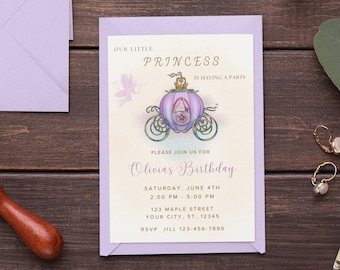 Prinses verjaardagsuitnodiging meisje prinses verjaardagsfeestje uitnodigen paarse Fairy prinses thema bewerkbare sjabloon Instant Download afdrukbare