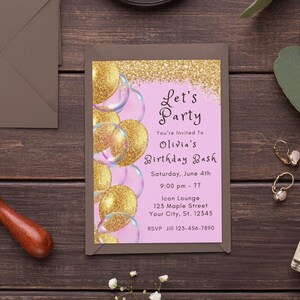 Editable Pink and Gold Birthday Invitation Template Gold Birthday Dinner Invitation Glitter Birthday Invite Phone Invite Instant Download