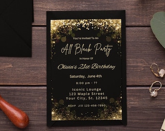 Plantilla de invitación de cumpleaños número 21 Invitación en negro y oro Fiesta de brillo dorado Invitación de cumpleaños editable Descarga digital imprimible Evite