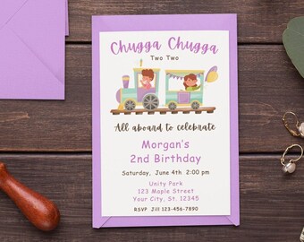 Invitación de cumpleaños del tren Invitación a la fiesta del tren Chugga Chugga Dos Dos 2o Cumpleaños Chica Rosa Vehículo Digital Editable Imprimible Descargar