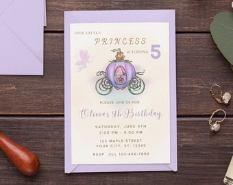 Princesa 5to cumpleaños invitación niña princesa quinta fiesta de cumpleaños invitar púrpura hada princesa tema editable plantilla descarga instantánea