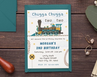Train Birthday Invitation Train Party Invite Chugga Chugga Two Two 2nd Birthday Boy Blue Vehicle Digital Editable Printable Download