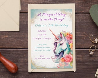 Unicorn Birthday Invitation Template Editable Magical Day Birthday Invitation Girl 5th Birthday Invitation Glitter Pastel Unicorn Invite