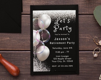 Silver Glitter Retirement Invitation Template Editable Black and Silver Retirement Party Farewell Party Retirement Dinner Invitation Evite