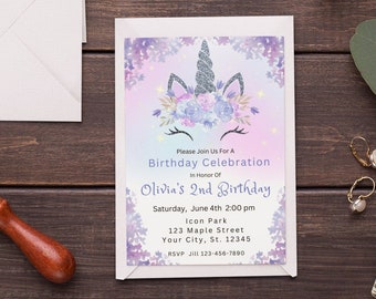 Unicorn Birthday Invitation Template Pastel Magical Day Birthday Invitation Girl 2nd Birthday Invitation Glitter Pastel Unicorn Invite Girl