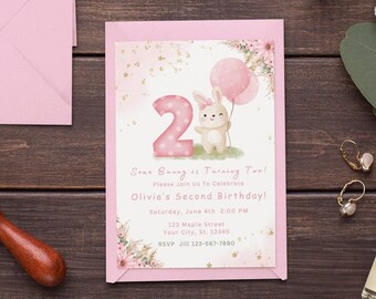 2nd Birthday Invitation Template Pink Floral Balloon Rabbit Party Invite Second Birthday Garden Flowers Easter Birthday Instant Download