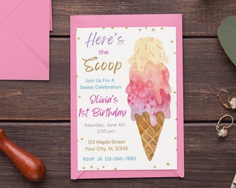 Editable Ice Cream Birthday Invitation Template kids Birthday Party Here's the Scoop Cone Pink Sweet Pool party Printable Instant download