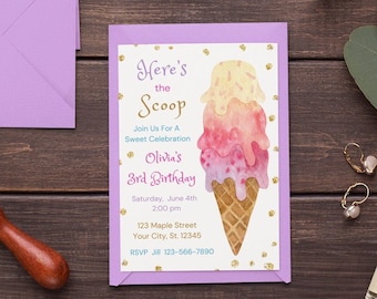 Editable Ice Cream Birthday Invitation Template kids Birthday Party Here's the Scoop Cone Pink Sweet Pool party Printable Instant download