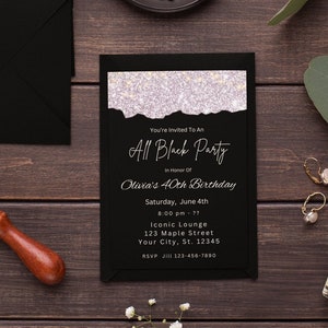 Editable 40th Birthday Invitation Template Silver and Black Invitation Silver Glitter Party Invite Editable Printable Digital Download Evite