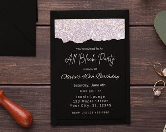 Editable 40th Birthday Invitation Template Silver and Black Invitation Silver Glitter Party Invite Editable Printable Digital Download Evite