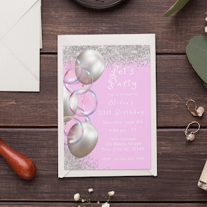 Editable 21st Birthday Invitation Template Silver and Pink Invitation Silver Glitter Party Invite Editable Printable Digital Download Evite