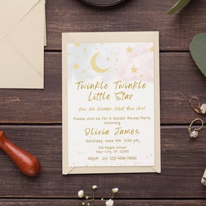 Editable Gender Reveal Invitation Template Twinkle Twinkle Little Star Gender Reveal Party Invite Moon and Gold Stars Blue Pink Cloud Invite