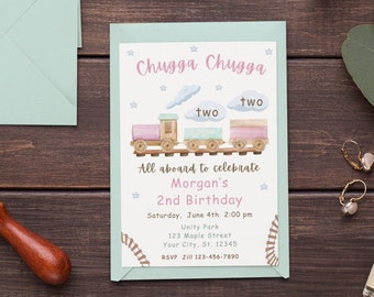 Invitación de cumpleaños de tren Invitación de fiesta de tren Chugga Chugga Two Two 2do cumpleaños Niña Vehículo rosa Editable digitalmente Imprimible Descargar