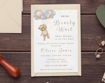 Editable We Can Bearly Wait Baby Shower Invitation Teddy Bear Blue Balloons Bear Theme Invites Template Instant Download Boy Baby Shower