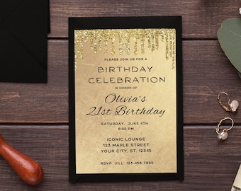 Plantilla editable de invitación de cumpleaños en negro y dorado, invitación de cumpleaños con brillo dorado, descarga instantánea imprimible, invitación por goteo de brillo dorado
