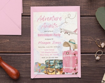 Travel Retirement Invitation Template Editable Adventure Awaits Retirement Party Around The World Farewell Party Pink Luggage Invitation