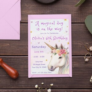 Editable unicorn birthday invitation Unicorn birthday party invite Girls unicorn evite for phones and printable glitter unicorn invitation