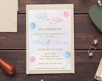 Editable Gender Reveal Invitation Template Blue and Pink Gender Reveal Invite Digital He or She Invitation Gender Reveal Invitation Download
