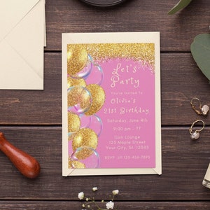 21st Birthday Invitation Template Pink and Gold Invitation Gold Glitter Party Editable Birthday Invite Printable Digital Download Evite