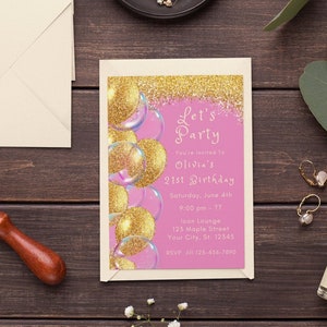 Editable 21st Birthday Invitation Template Pink and Gold Invitation Gold Glitter Party Invite Editable Printable Digital Download Evite