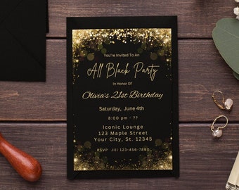 Plantilla de invitación de cumpleaños número 21 editable Invitación en negro y oro Fiesta con purpurina dorada Invitación Descarga digital imprimible editable Evite