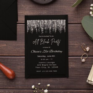 21st Birthday Invitation Black Invitation Let&#39;s Party Black Balloons Invite Black Party Black and Silver Invitation Printable Evite