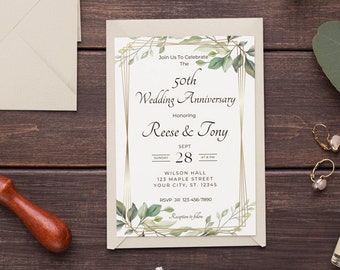 Golden Then & Now Photo 50th Wedding Anniversary Invitations
