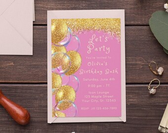 Editable Birthday Invitation Template Pink Invitation Let's Party Pink Balloons Invite Pink Party Pink and Gold Invitation Printable Evite