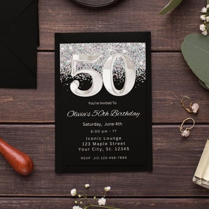 EDITABLE All Black Party Invitation All Black Affair Black and Silver Sparkle Glitter 50th Birthday Invitation Instant Digital Download
