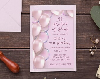 21st Birthday Invitation Template Pink Balloons Invitation Pink Party Editable Birthday Invite Shades of Pink Birthday Digital Download