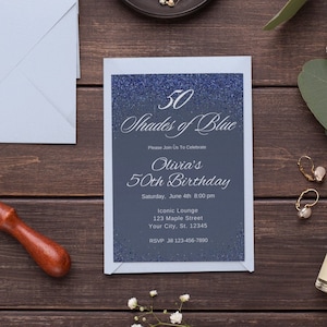 Editable 50th Birthday Invitation Template Blue Birthday Invitation Blue Glitter Party Invite Bridal Shower Evite Printable Digital Download