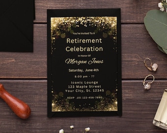 Gold Glitter Retirement Invitation Template Editable Black and Gold Retirement Party Gold Farewell Party Retirement Dinner Invitation Evite