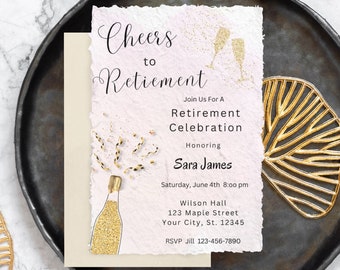 Glitter Retirement Invitation Template Editable Cheers Champagne Retirement Party Gold Farewell Party Retirement Dinner Invitation Evite