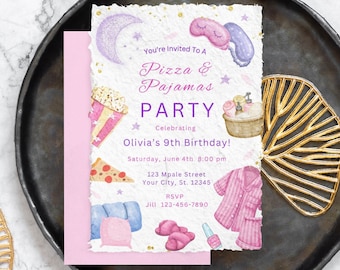 Editable Slumber Birthday Party Invitation Template Sleepover Birthday Party Invite Pink & Gold Spa Tween Teen Birthday Pajama Pizza Party