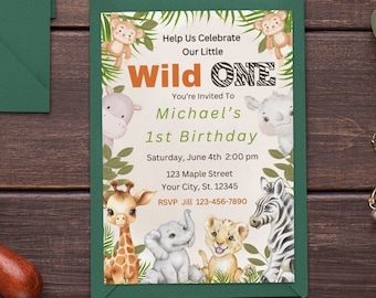 EDITABLE 1st Birthday Invitation Template Wild One Birthday Invite Jungle Animals invitation safari animals evite Printable Instant Download