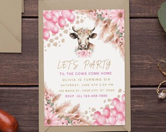 Cow Birthday Invitation Template, Pink Floral Girl Invite (Digital Download)