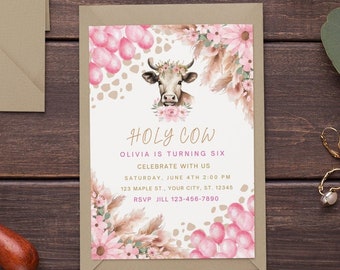 Cow Birthday Invitation Template, Pink Floral Girl Party (Digital Download)