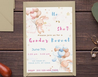 Editable Gender Reveal Invite Template Bunny Rabbit balloons Invitation Printable Blue and Pink Boy or Girl He or She Digital Download