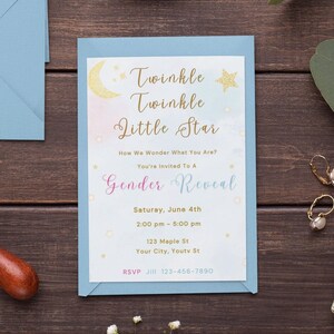 Twinkle Twinkle Little Star Gender Reveal Invitation Template Gold Moon and Stars Gender Reveal Party Invite  He Or She Boy Or Girl Download