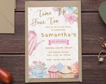 Fourth Birthday Invitation Template Time Four Tea 4th Birthday Party Pink & Gold Floral Whimsical Girl Birthday Par-tea Instant Download