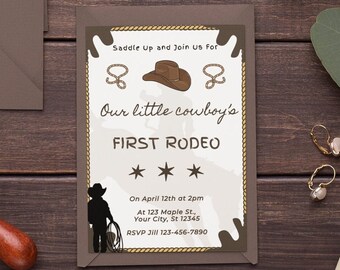 Wild-West-Geburtstags-Einladung Junge Cowboy-Geburtstags-Einladung Mein 1. Rodeo laden download ein